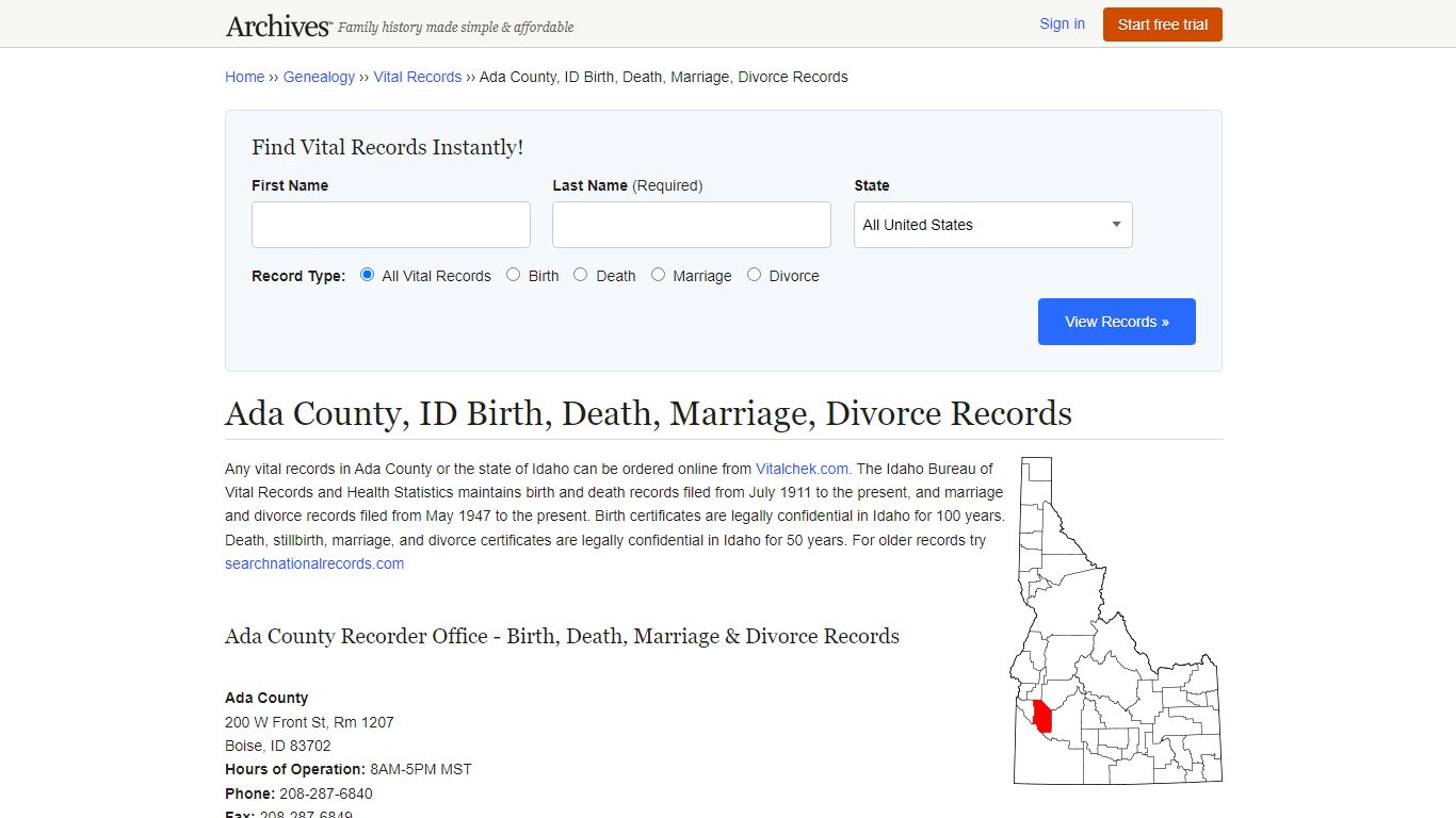 Ada County, ID Birth, Death, Marriage, Divorce Records